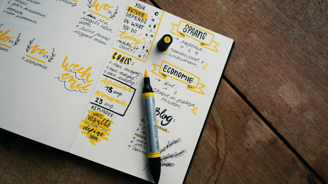 A notebook filled with colourful planning notes and a yellow marker