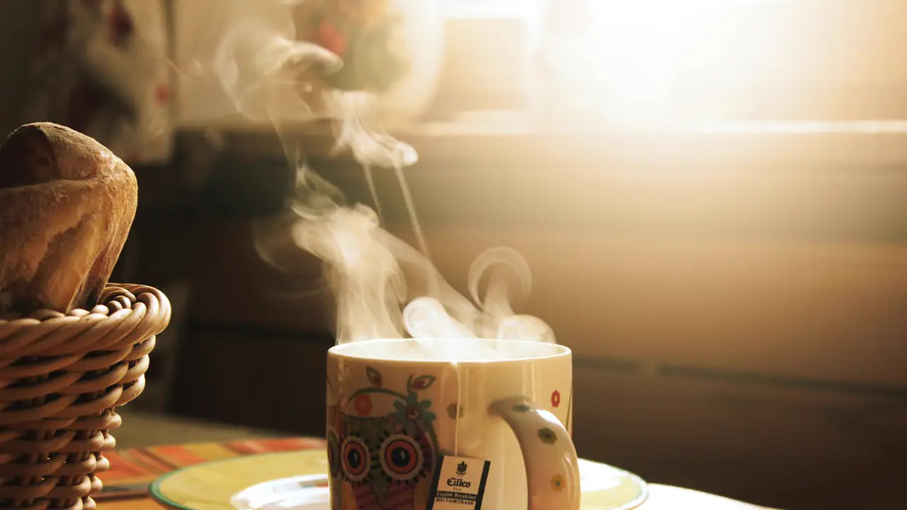 A steaming mug of coffee in warm morning light