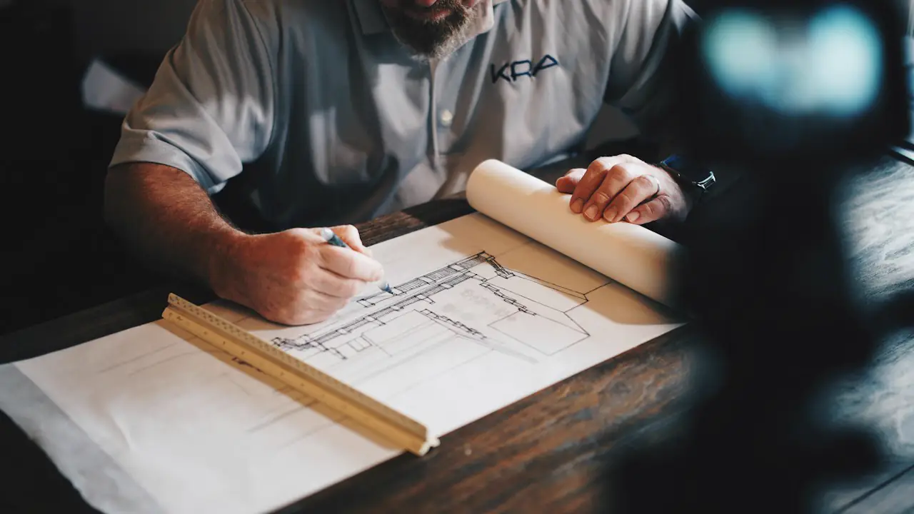 An architect drawing a floor plan with a pencil and ruler on a large sheet