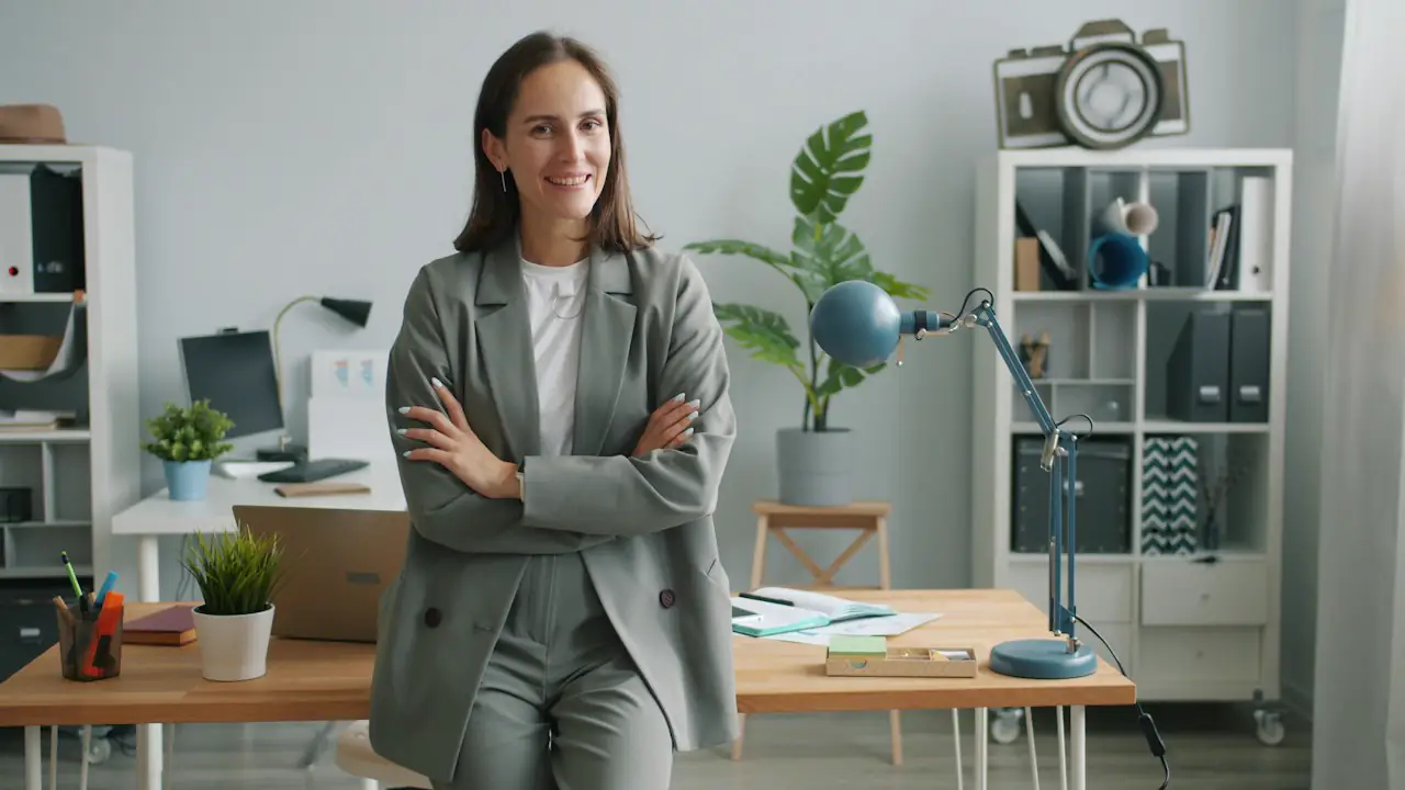 A smiling professional in a grey blazer standing with arms folded in a bright office