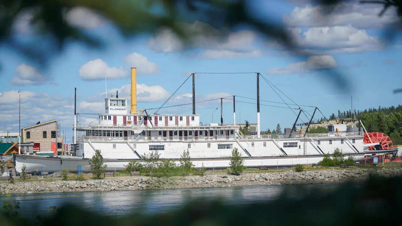 The SS Klondike paddlewheeler on the riverbank in Whitehorse